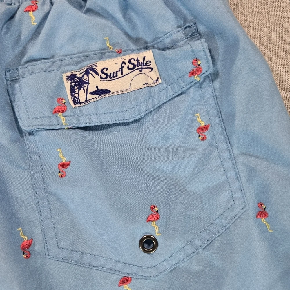Surf Style Mens Medium Embroidered Flamingo Swim Shorts Trunks Beach Pool EUC
